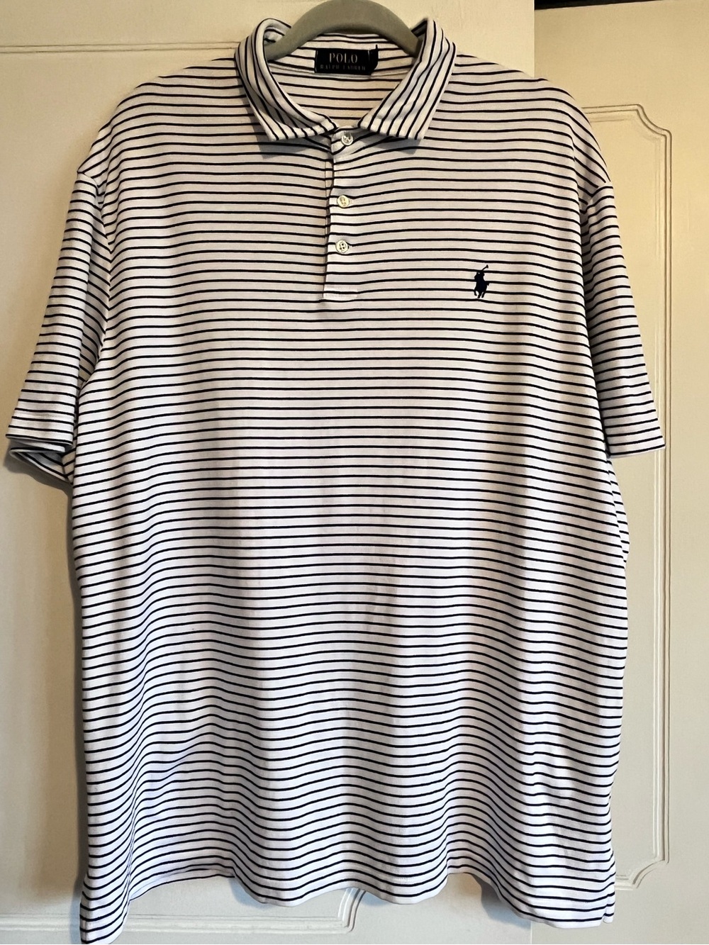 Polo Ralph Lauren Men's XL White Striped 100% Cotton Short Sleeve Navy Pony EUC